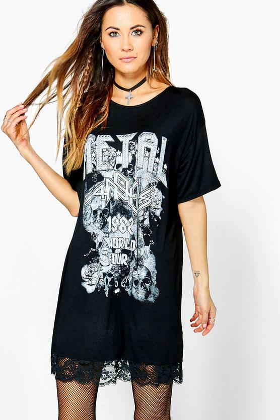 Soph Metal Printed Band lace Trim Tee Dress